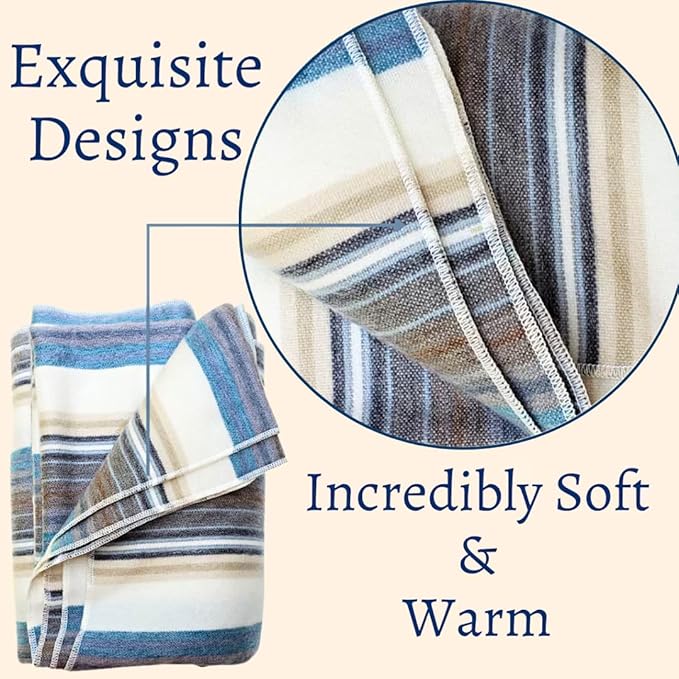 DAVLINA, Alpaca Wool Throw Blanket | Super Soft, Lightweight, Breathable and Hypoallergenic | Non-Itchy or Scratchy (Blue White Varicolored, Striped)