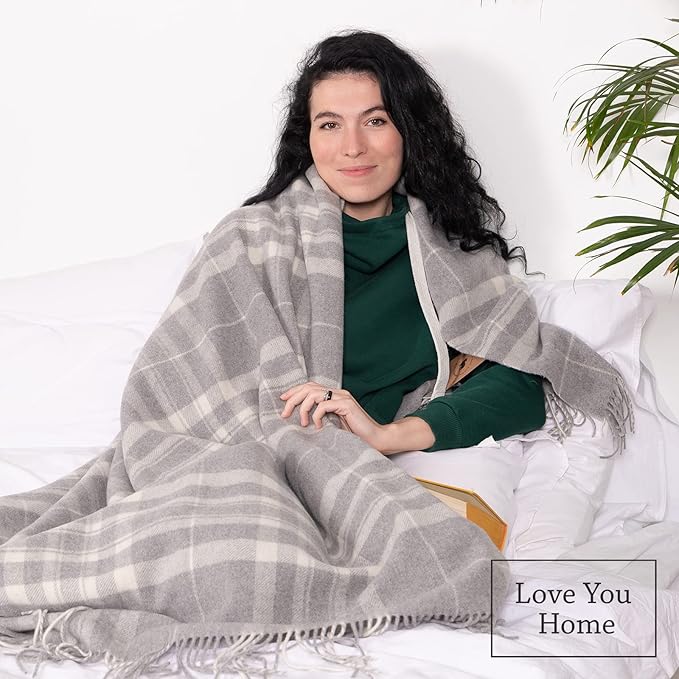 LYHome Cashmere Blanket with Merino - Luxury Wool Throw Soft Cozy and Warm, Decorative Throws Couch Bed Sofa, Warmest Blankets for Travel Camping & Cold Weather (55x79 | Grey with White Tartan)