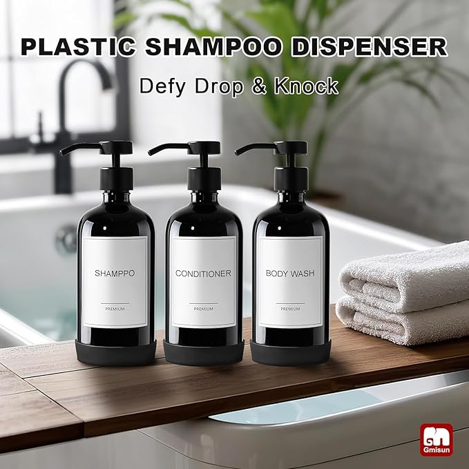 GMISUN Plastic Shampoo and Conditioner Dispenser with Silicone Sleeves, 21 oz Black Shower Soap Dispenser Bottles with Labels, Refillable Shampoo Conditioner Body Wash Dispensers Set of 3