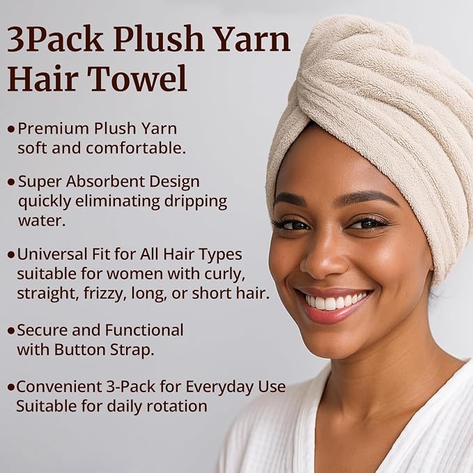 Hair Towel Wrap for Women - 3 Pack Plush Yarn Turbo Twist Hair Towels, Highly Absorbent Turban Towel for Wet Hair, Quick Drying Plopping Towels for Long Thick Curly Hair