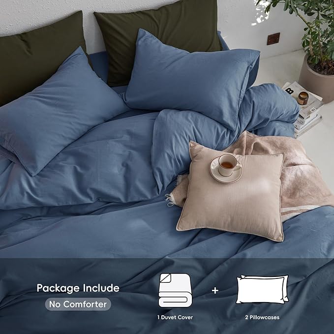 MooMee Queen Duvet Cover Set, 100% Washed Cotton Linen Like Twill Thick Sturdy Material Super Soft Breathable Durable Bedding for All Season, 3 Pieces (Blue, Queen 90"x90")
