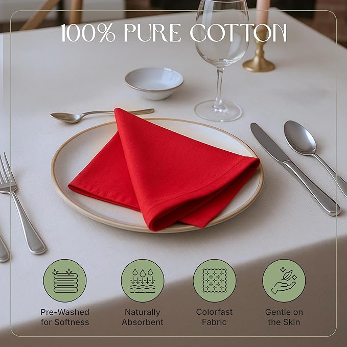 Cloth Napkins Set of 12, 100% Cotton Fabric Reusable Dinner Napkins, 18 x 18 Inch Washable Table & Kitchen Napkins for Everyday Dining, Entertaining, Home & Restaurant Use, Red