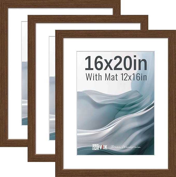 VCK 16x20 Picture Frames Brown - 3 Pack, Wide Border Wood, Tempered Glass, Display 12x16 Photo with Mat or 16 x 20 Without, for Home, Office, Gallery, Woodgrain Series, Wall Hanging