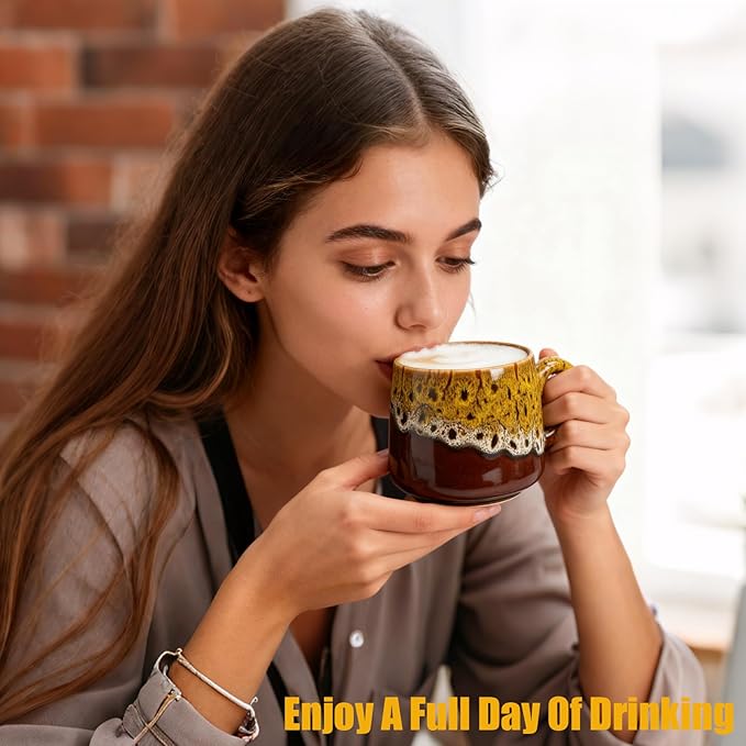 12oz Cool Unique Mugs, Handmade Ceramic Coffee Mug, Great Gift for Men Women, Microwave & Dishwasher Safe Stoneware Pottery Tea Mug for Home Office(Yellow)