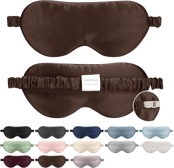 100% Mulberry Silk Eye Mask for Sleeping with Silk Wrapped Adjustable Strap,Brown