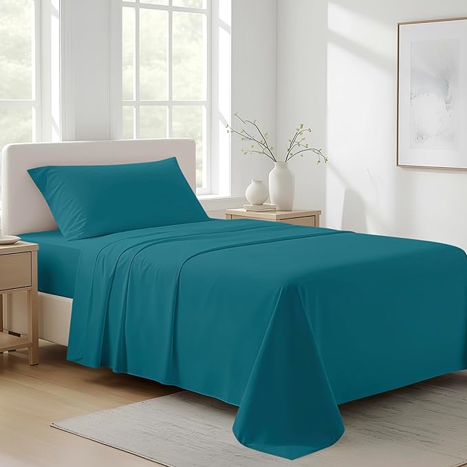100% Organic Cotton Sheets Twin Size - 3 PC Organic Cotton Twin Size Percale Weave Sheet Set, Soft, Cooling, Crisp & Breathable, 16" Deep Pocket Hotel Quality Bedding Set - Teal
