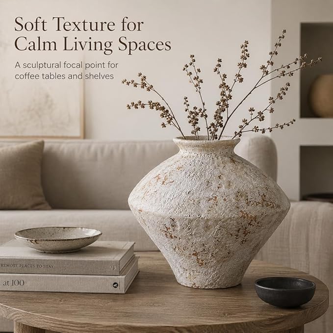 Large Wabi Sabi White Vintage Ceramic Vase, 11" Rustic Pottery Vase for Centerpieces, Textured Decorative Flower Vases for Table, Living Room, Bedroom, Bathroom, Kitchen, Farmhouse Home Decor Gifts