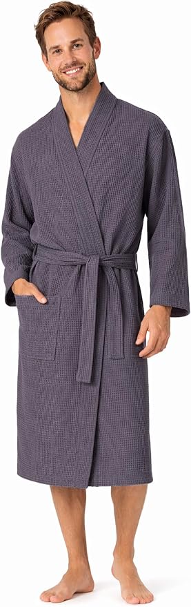 Turkish Linen Men’s Waffle Bathrobe Lightweight Kimono Spa Robe – Quick Dry Bath & Shower Robe for Men with Pockets