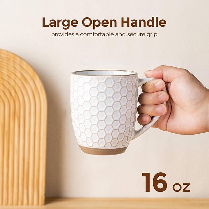 GBhome Large Coffee Mugs Set of 6, 16oz Handmade Embossed Coffee Mugs Set with Large Handle for Cappuccino/Latte/Tea/Hot Cocoa, Dishwasher & Microwave Safe, Off White