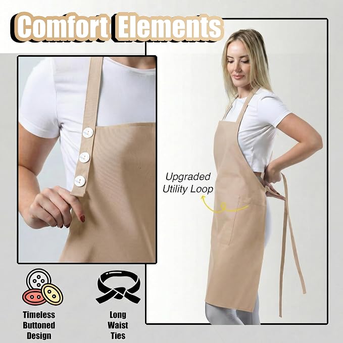 TOSHE Kitchen Apron Waterdrop Resistant Cotton Apron with adjustable Aprons for Women with Pockets 10 Color option Cooking Beige Apron(Beige)