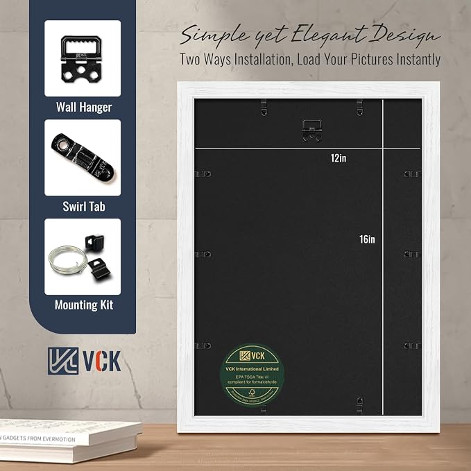 VCK 12x16 Picture Frames White 3 Pack, Wide Border Wood, Tempered Glass, Display 8.5x11 Photo with Mat or 12 x 16 without, for Home, Office, Gallery, Woodgrain Series, Wall Hanging