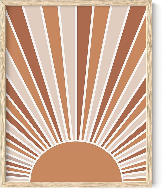 Boho Rising Sun Wall Art Sunburst Rays Earth Tones Terracotta Mid Century Modern 16x20 Inch Oak Wood Beige Framed Minimalist Landscape Sunshine Print for Nursery Decor