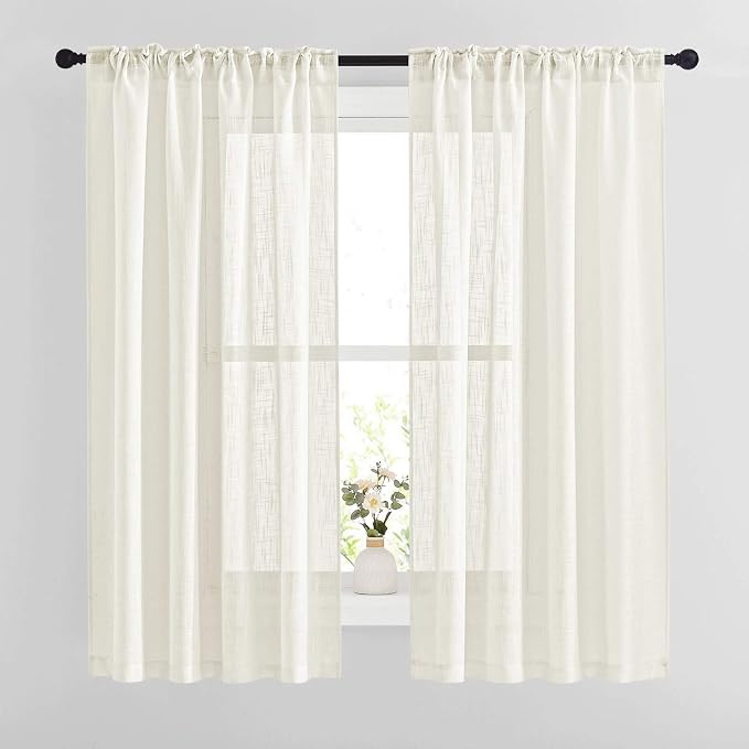 NICETOWN Semi Sheer Curtains 63 inches Long for Bedroom, Rod Pocket & Back Tab Faux Linen Window Treatments Privacy with Light Filter Farmhouse Sheer Drapes for Living Room, Natural, 52" Width, 2 PCs