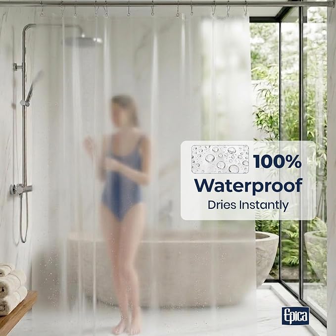 Epica Shower Curtain – Strongest Heavy-Duty Clear Vinyl 72x72 Shower Curtain Liner – Stain & Soap Scum Resistant with Rust-Proof Metal Grommets (Frosted)