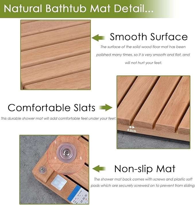24 28 30 34 38 40 44 inch Teak Solid Wood Shower Floor Mat with Non-Slip Feet and Center Drainage Hole Large Bath Mat for Indoor Showers/Tile Floors(30x30cm/12x12in)