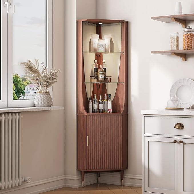 JOINICE Tall Corner Bar Cabinet for Liquor,Mid-Century Modern,Walnut,70" | Fluted Door,Glass Shelves,Wine Cabinet with Led for Living Room, Kitchen,Dining Room,Easy Assembly,for Small Apartment