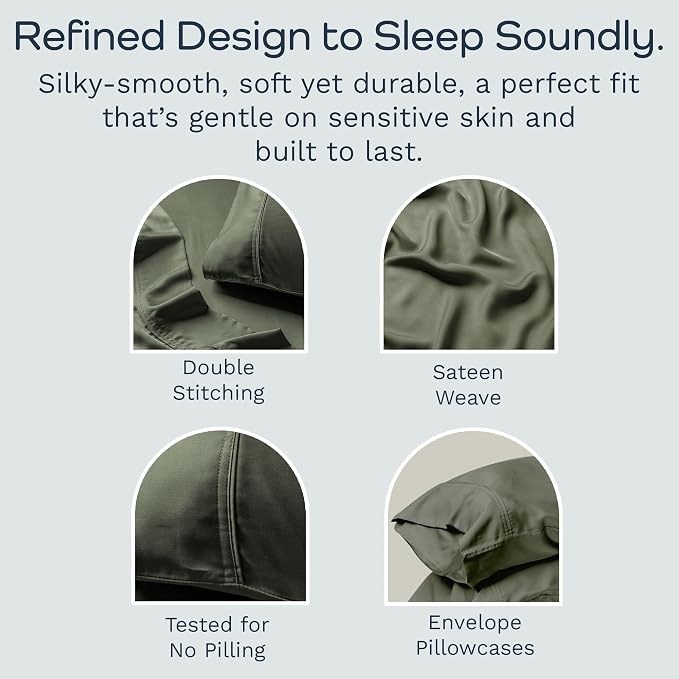 Olive + Crate Tencel Eucalyptus Pillowcases - 100% Tencel Lyocell Cooling Pillow Cases for Hot Sleepers - Hypoallergenic, Moisture-Wicking, Silk Alternative, Vegan - Queen Size Set of 2 [Moss]