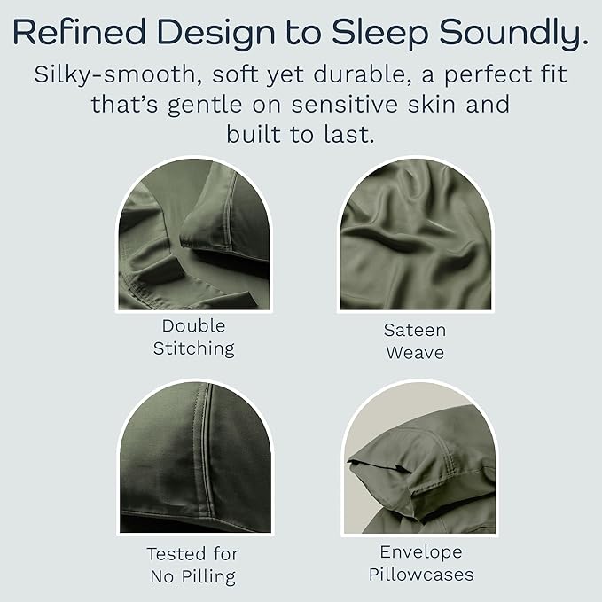 Olive + Crate Tencel Eucalyptus Pillowcases - 100% Tencel Lyocell Cooling Pillow Cases for Hot Sleepers - Hypoallergenic, Moisture-Wicking, Silk Alternative, Vegan - Standard Size Set of 2 [Moss]