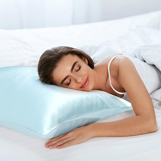 uxcell 1 Pack 100% Charmeuse Pure Silk Pillowcase for Hair and Skin, 350TC 19 Momme Soft Breathable Pillow Case with Hidden Zipper, Light Blue King(20x36inch)