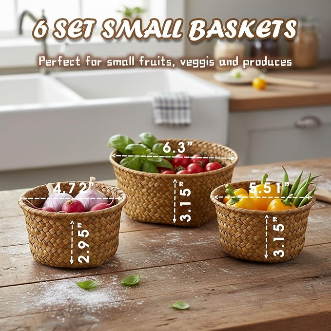 6 Set Small Seagrass Woven Storage Baskets, Natural Woven Round Basket Bin for Farmhouse Kitchen Countertop Pantry Shelf Organization, Stackable Mini Fruit Vegetable Holder