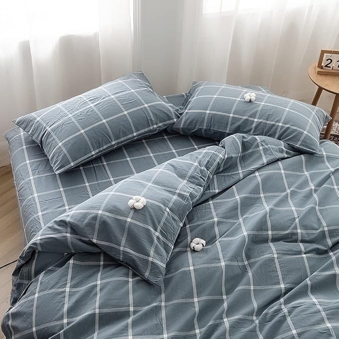 FACE TWO FACE Bedding Duvet Cover Set100% Washed Cotton Duvet Cover Linen Like Textured Breathable Durable Soft Comfy (Twin, Grey Green Grid)
