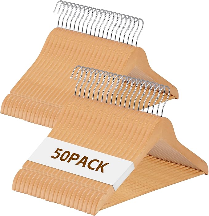 Nouva Wooden Clothes Hangers 50 Pack, Non-Slip Grooved Shoulder Coat Hanger, Slim for Shirts, Jackets, Dress, Pant