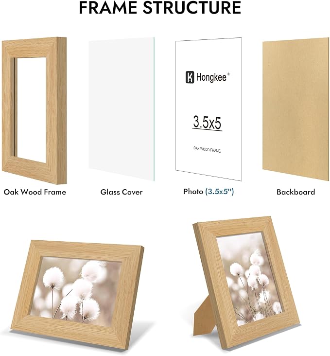 Hongkee 3.5x5 Oak Wood Picture Frame(1 Pack, Natural) with Real Glass Cover | Solid Wood 3.5 x 5 Small Frame for Wall or Tabletop Display - Includes Easel Back, Vertical Hang - Ideal for Home, Office