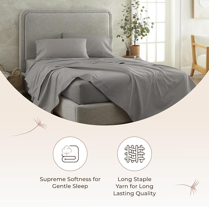 Organic Full Fitted Sheet Only Deep Pocket - 100% Organic Cotton Sheets with Breathable 300 Thread Count Sateen Weave GOTS & Fairtrade Certified - Soft Fitted Bed Sheets Only (Classic Grey, Full)