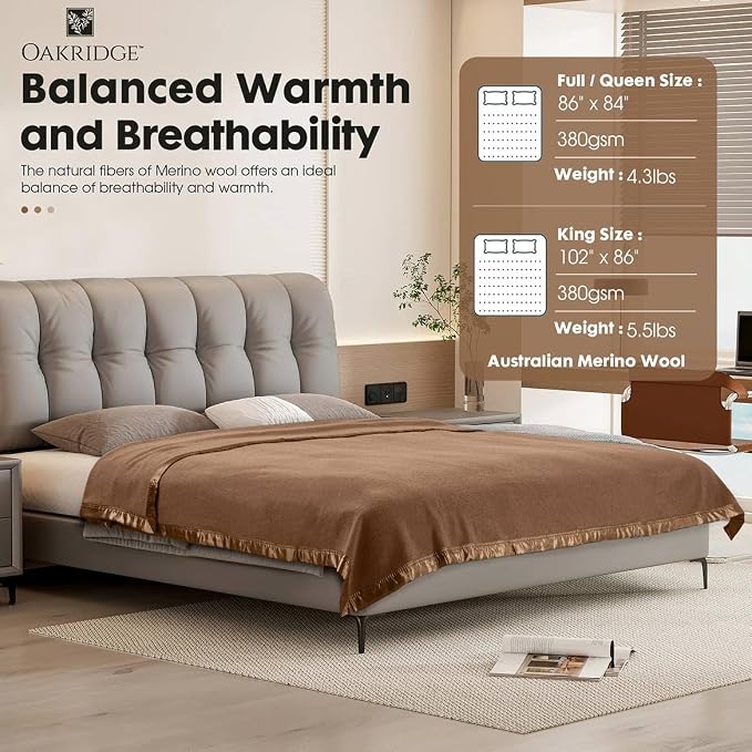 OakRidge Heirloom Merino Wool Blanket – 100% Australian Wool with Vintage Satin Edges – Breathable, Odor-Resistant, All-Season Bedding in King Size – Tan Cozy Throw for Home or Travel