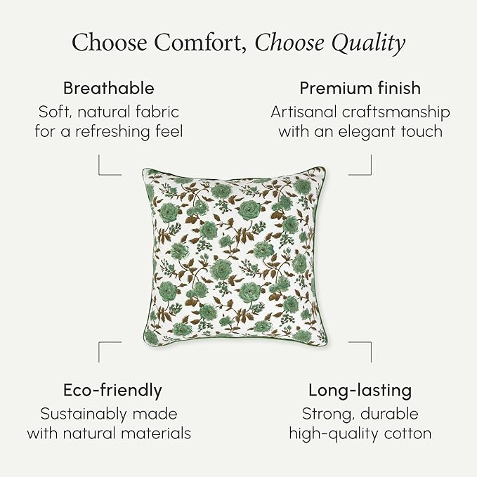 CPC 100% Cotton Throw Pillow Covers 20x20 Inch, Set of 2 Green Block Print Pattern Couch Pillow, Cute Boho Decorative Pillows for Living Room, Bedroom with Hidden Zipper- Moss Green