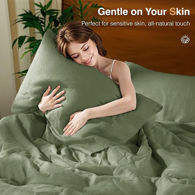 SONORO KATE 100% French Linen Duvet Cover King Size, Soft Breathable for Hot Sleepers, Moisture Wicking & Durable Cover Set - Zipper Closure & 4 Corner Ties Duvet Covers 3 Piece (Olive Green,King)