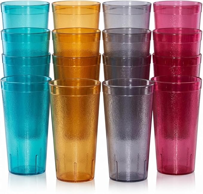Oojami Set of 16 Plastic Tumblers, 20-Ounce Reusable Cups, BPA-Free & Shatterproof, Stackable Restaurant-Style Drinking Glasses for Water, Juice, and Everyday Use, Dishwasher Safe