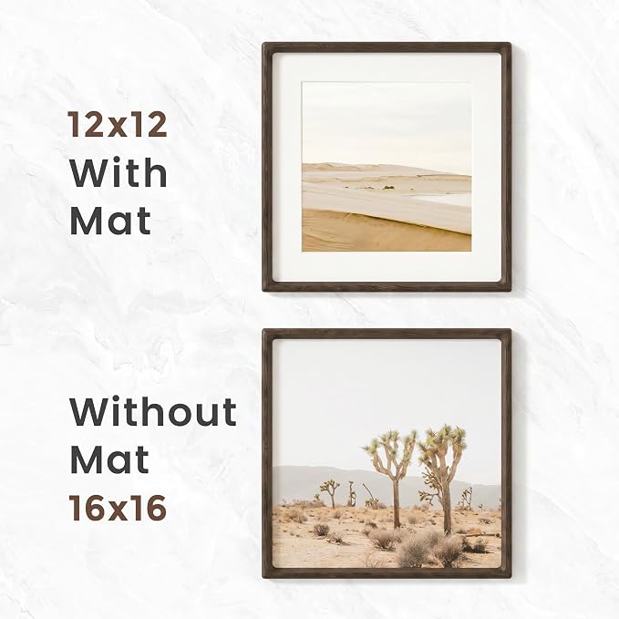 Fun Memories 16x16 Picture Frame, Natural Wenge Wood Photo Frame with HD Tempered Glass, Handcrafted Rounded Corner 16 x 16 Wooden Frame Matted to 12x12 Photos, 16x16 frame, Tabletop or Wall Display