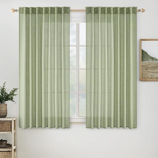 MIULEE Sage Green Linen Curtains 63 Inch Length 2 Panels for Bedroom Living Room, Soft Thick Linen Textured Window Drapes Semi Sheer Light Filtering Back Tab Rod Pocket Burlap Look Decor