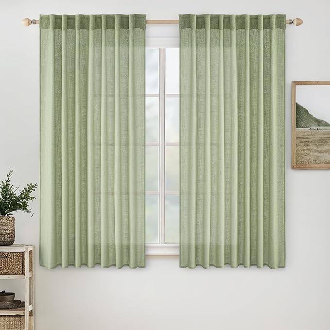 MIULEE Sage Green Linen Curtains 54 Inch Length 2 Panels for Bedroom Living Room, Soft Thick Linen Textured Short Window Drapes Semi Sheer Light Filtering Back Tab Rod Pocket Burlap Look Decor