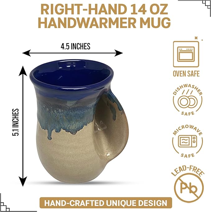 Clay in Motion Hand Warmer Coffee Mug – Handmade Coffee Mug With Comfortable Handle Contoured Pocket Hand Warming Ceramic Coffee Mug – Proudly Made in USA – Right Handed – 14 Oz - Cobalt Canyon