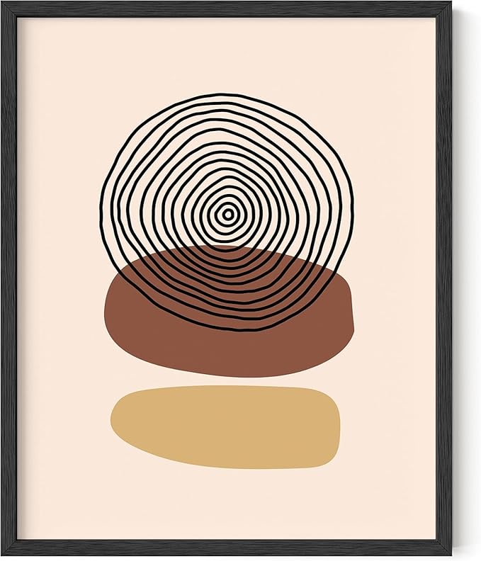 Boho Abstract Wall Art Minimalist Stacked Stones Circles Earth Tones Terracotta Mid Century Modern 8x10 Inch Oak Wood Black Framed Zen Meditation Print for Living Room Office Decor