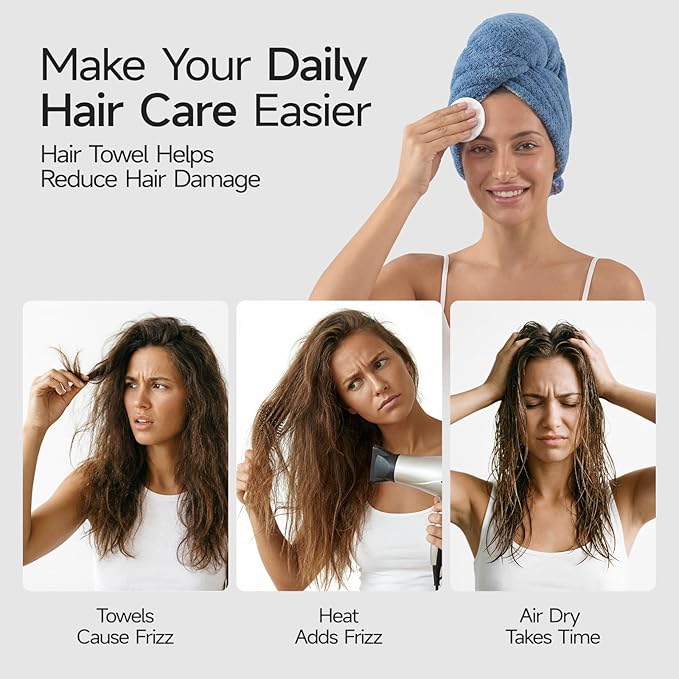 REDKISS Microfiber Hair Towel Wrap for Women, Double Sided Hair Towels with Elastic Strap, Super Absorbent Quick Dry Hair Drying Towel for Long, Thick, Curly Hair, Anti-Frizz Turban (Blue & Gray)