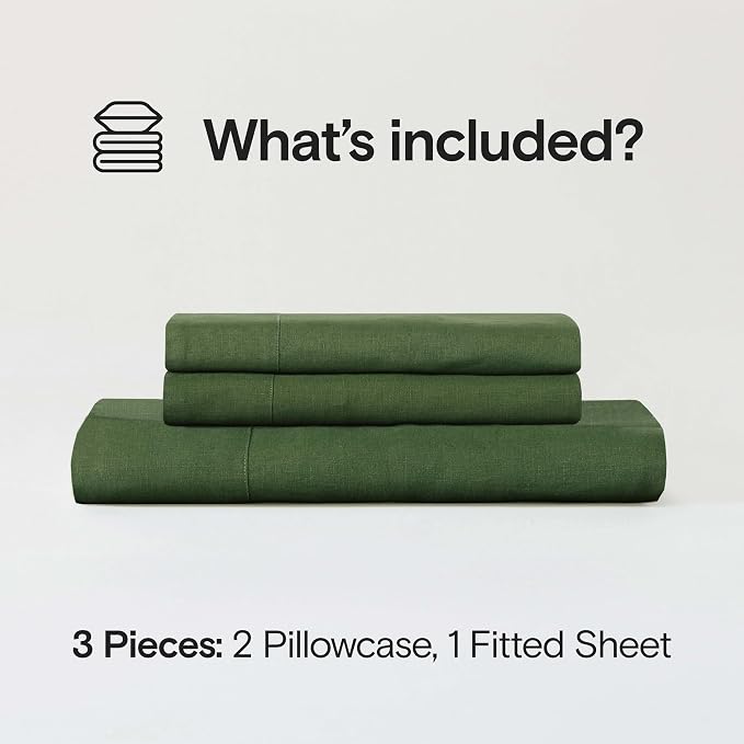 Sijo Stone Washed Organic French Linen Bed Sheet Set, GOTS Certified Organic, Best Cooling Linen Sheet Award by Sleep Foundation, 3 Piece - 2 Pillowcases and 1 Fitted Sheet (Forest, King)