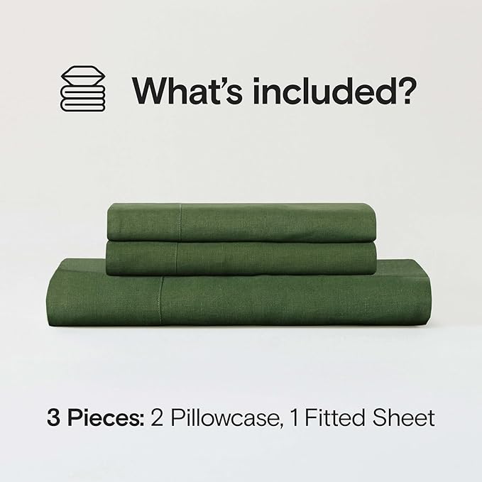Sijo Stone Washed Organic French Linen Bed Sheet Set, GOTS Certified Organic, Best Cooling Linen Sheet Award by Sleep Foundation, 3 Piece - 2 Pillowcases and 1 Fitted Sheet (Forest, Queen)