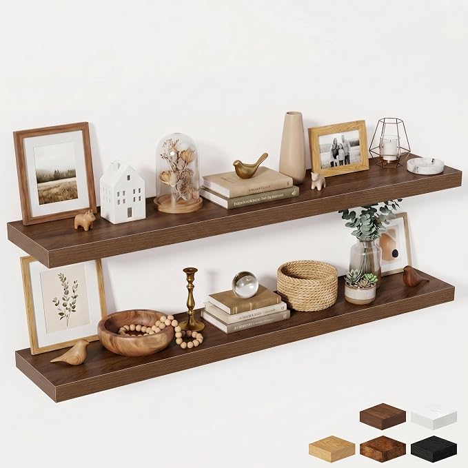 Fun Memories 55 Inch Fireplace Mantel Shelf, 10 Inch Deep Shelves for Display & Wall Storage, Rustic Wood Wall Shelf, Extra Long Floating Shelves for Living Room Laundry Room, Walnut, Set of 2