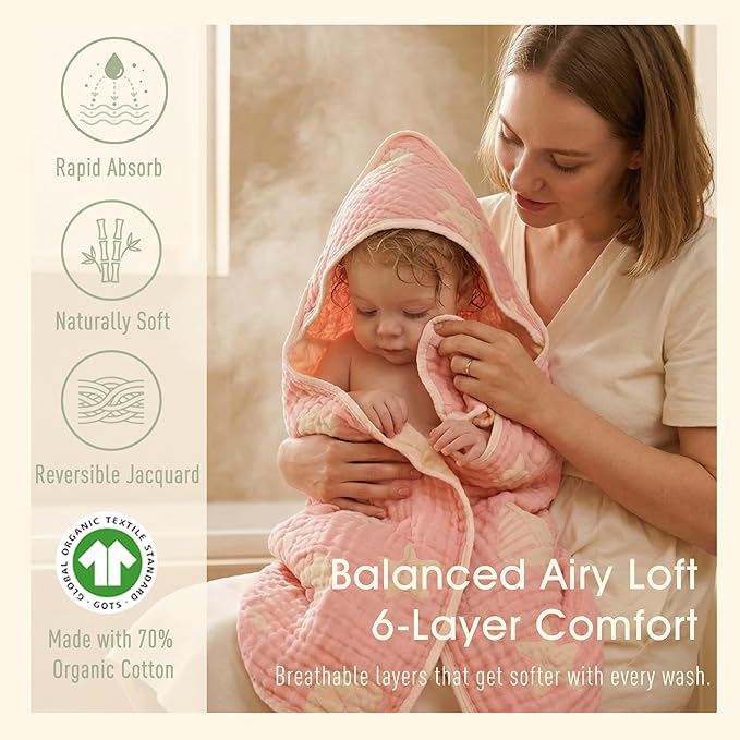 Ultra-Soft Muslin Baby Hooded Towel - 32 x 32 Inches, Ideal for Bath & Beach, Suitable for Both Boys & Girls from Newborns to Toddlers