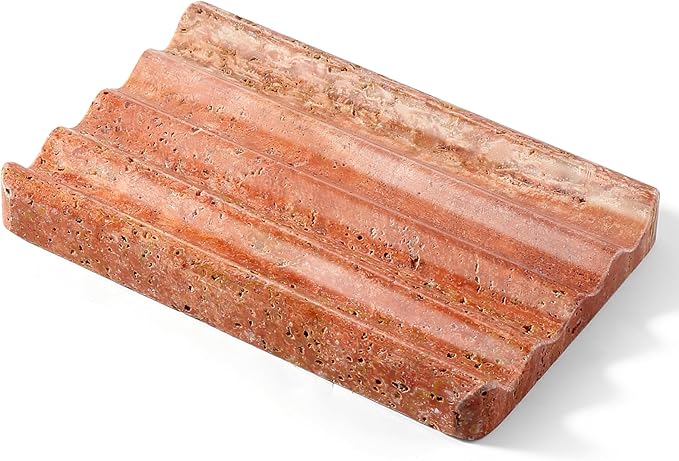 Karibiber Travertine Soap Dish, Red Marble Bar Soap Holder Shower, Bathroom Soaps Saver, Easy Cleaning Natural Stone Sponge Holder for Kitchen Sink, Executive Jewelry Ring Tray