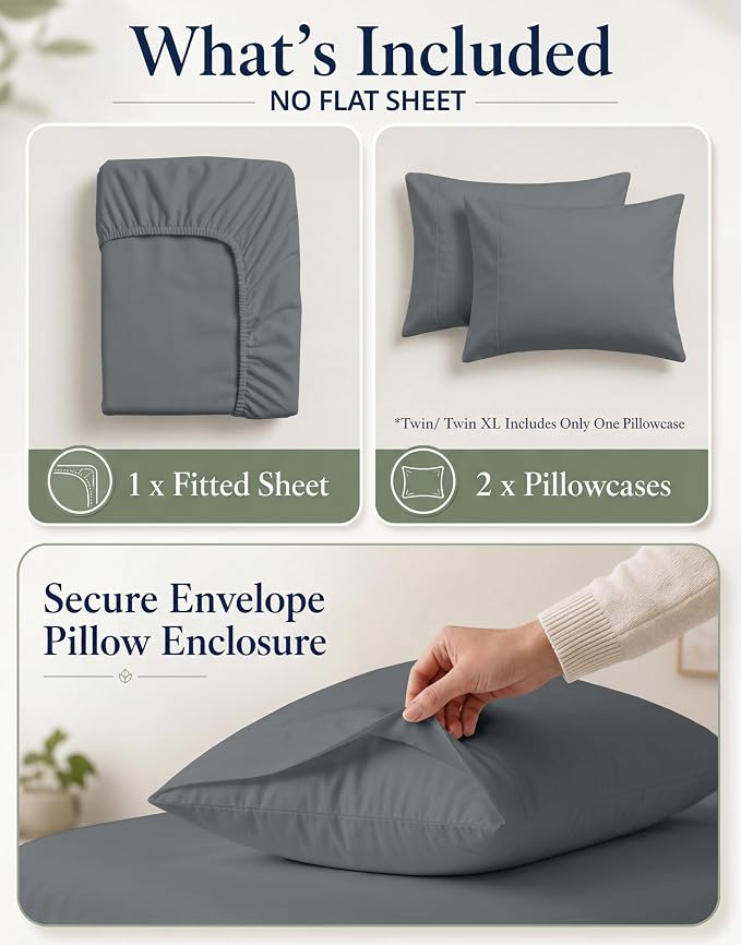 LANE LINEN 100% Organic Cotton Fitted Sheet Twin XL Size (No Flat Sheet) - Soft & Breathable Percale Weave Fitted Sheet Set For Added Comfort - 15''Deep Pocket For Snug Fit - GOTS Certified - Charcoal