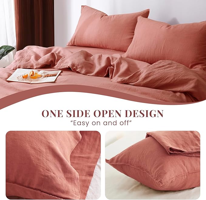 S VICTORY SYMBOL 100% Organic Linen Duvet Cover Set 3PCS Queen Size,Stone Washed French Flax Bedding,1 Comforter Cover and 2 Pillowcases Solid Color Bedding Set(Clay)