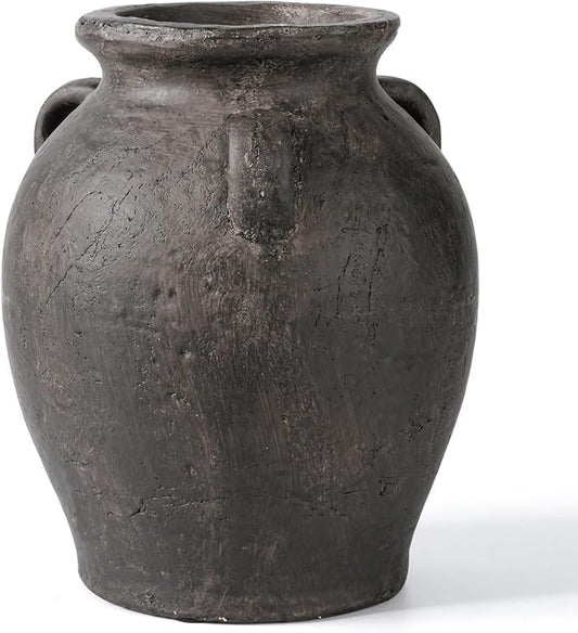 Rustic Ceramic Distressed Vase, 9.5"H Handmade Terracotta Vases with 3 Ear Handles, Decorative Flower Vase for Centerpieces, Vintage Wabi Sabi Farmhouse Decor for Entryway, Fireplace & Shelf
