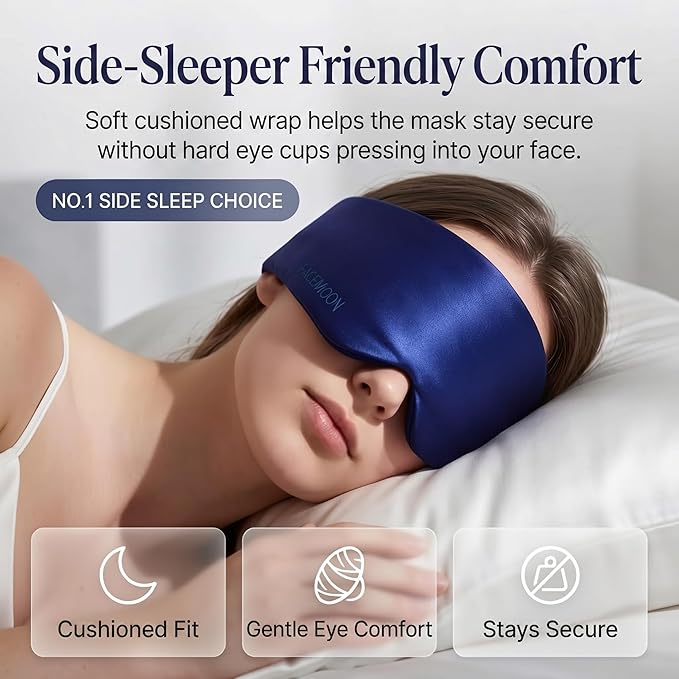 Silk Sleep Mask for Side Sleepers, Blackout Eye Mask for Sleeping Women Men, 100% 22 Momme Mulberry Silk, Full Coverage Face-Hugging Sleep Mask for Travel, Naps & Shift Workers, Blue