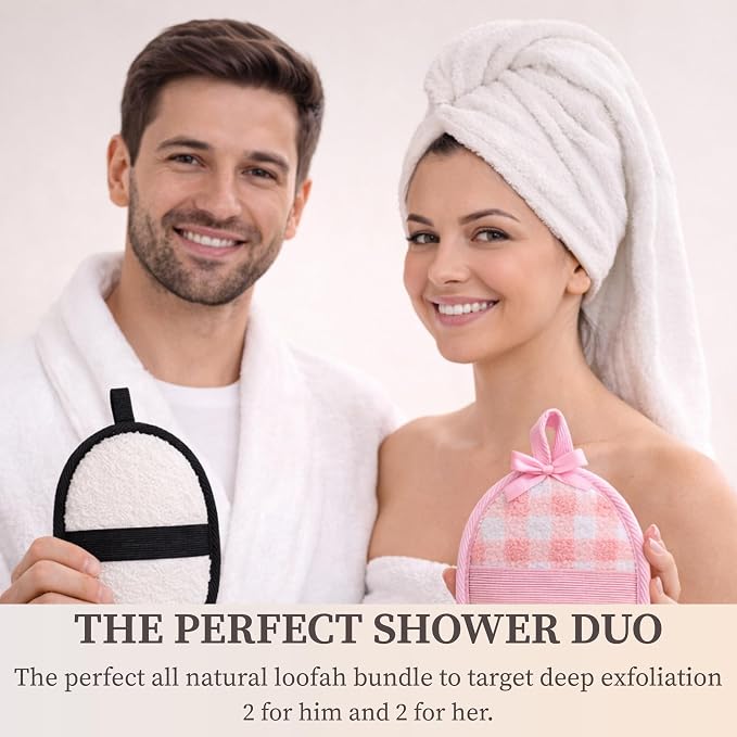 SERRENTO Couples Loofah Body Scrubber Set, Natural Shower Sponge, 4 Count