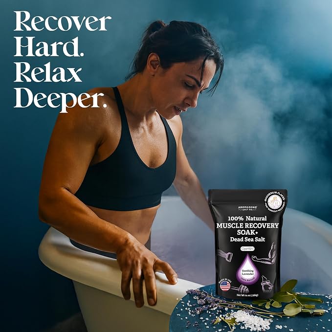 Aromasong Muscle Recovery Bath Soak with Dead Sea Salt, OptiMSM, Magnesium Flakes & Essential Oils for Post Workout Soreness - Made in USA - 14 oz. Bag Bath Salt for Pain Relief.