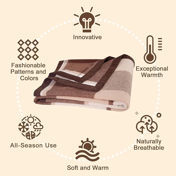 YOUR MOON 100% Pure Wool Blanket Twin Size, Natural Australian Wool Blankets, Medium Weight, Hypoallergenic Blanket for Bed (Coffee, 66 * 90)